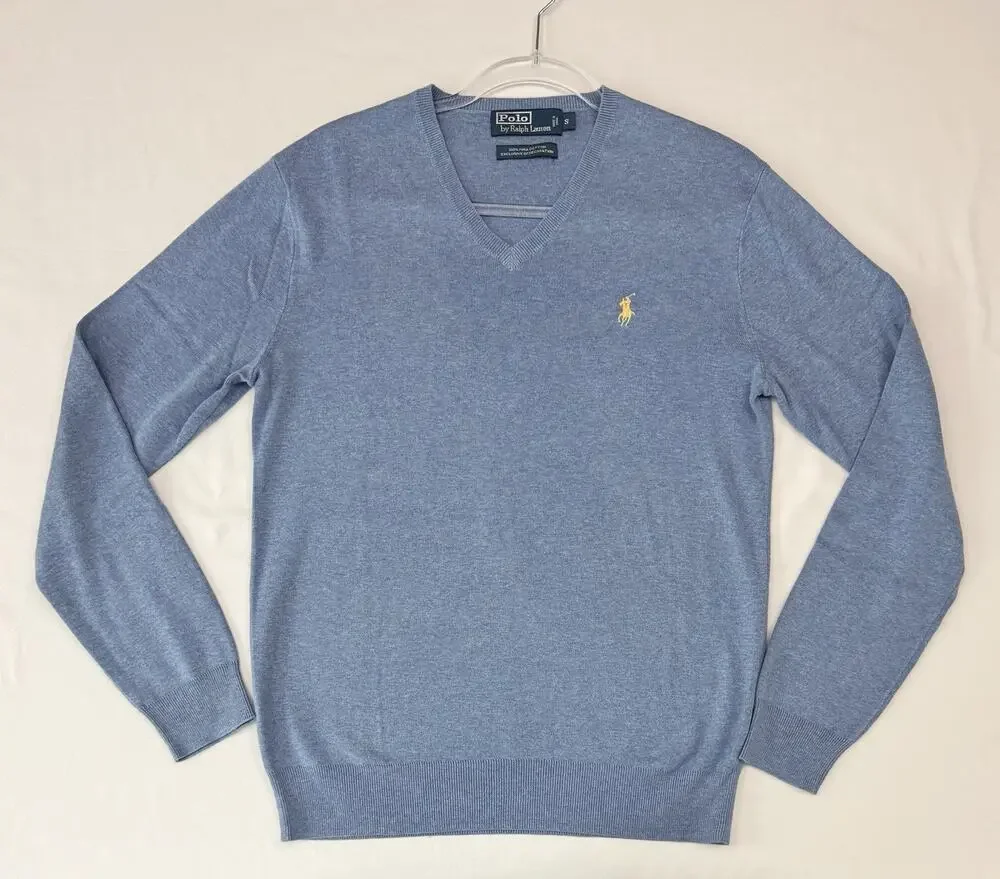 Polo Ralph Lauren Pima Cotton V Neck Sweater Blue Mens Small Yellow Pony